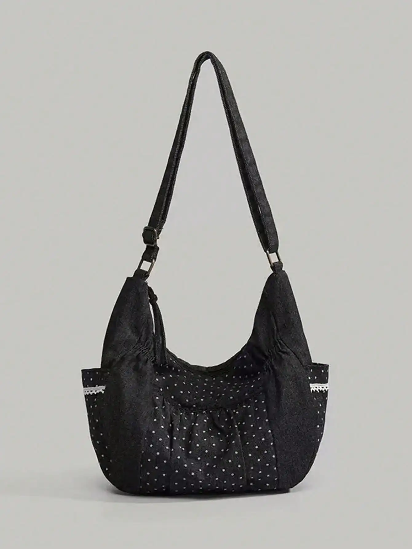 Sweet Lace Trim Polka Dot Tote Bag for School Use - Forest System Girl Single Shoulder Crossbody Bag Versatile Student Bag