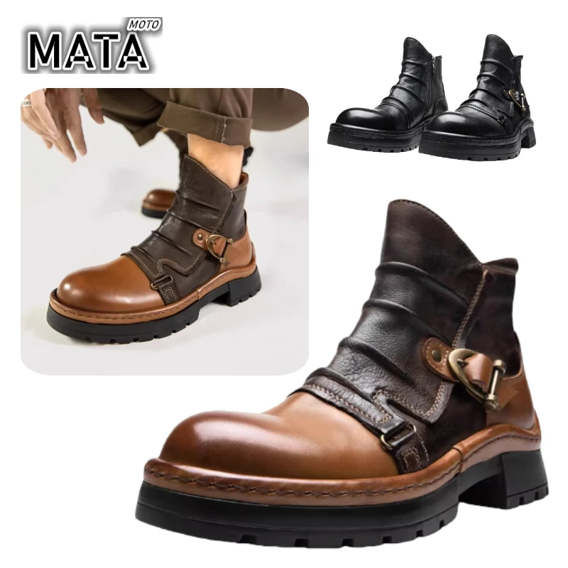 Genuine Leather Men's Boots Fashion Motorcycle Boots Winter Plush Warm Cotton Boots Men Chelsea Boot Retro British Ankle Booies