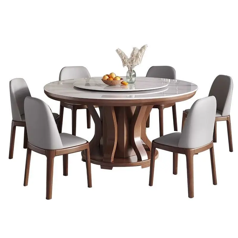 

Thickened rock slab dining table with turntable household modern simple small apartment round dining table and chair combination