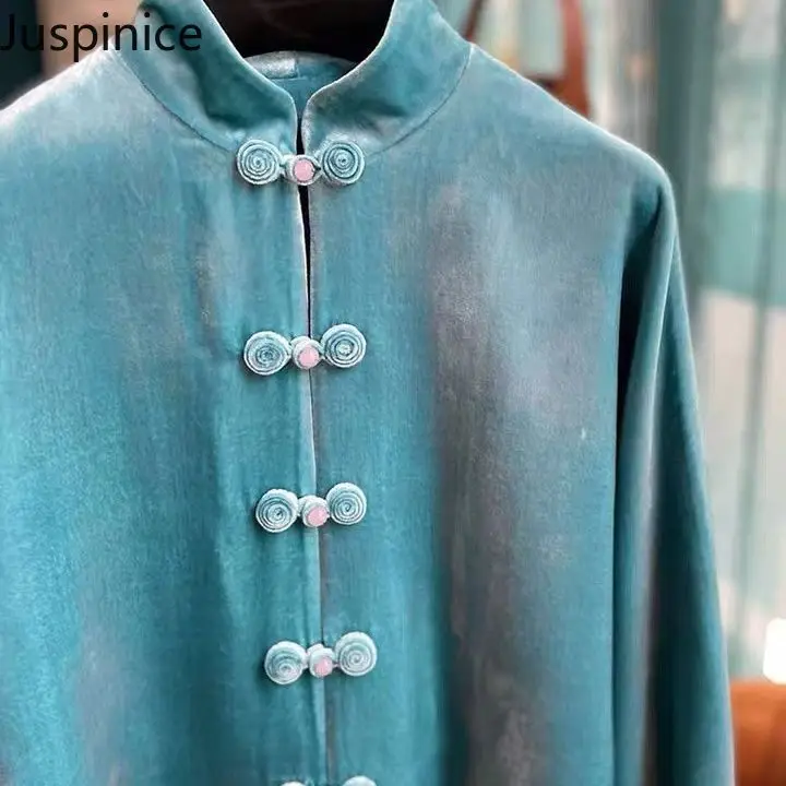Herbst Winter neue chinesische Stil Gold Samt Button-up-Shirt Paar Stehkragen High Street lose lässige einfache Top-Jacken