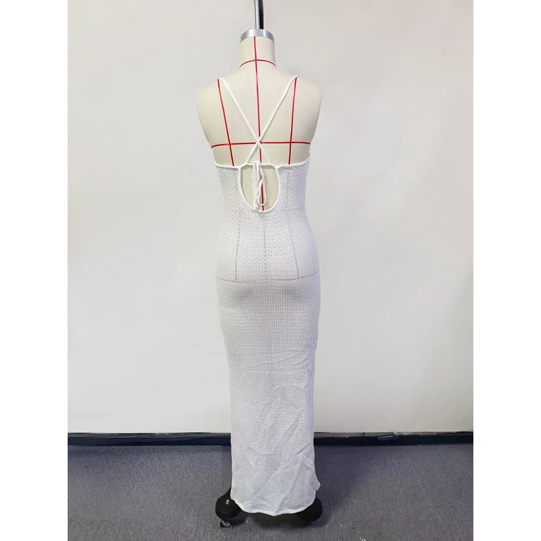V-Ausschnitt, überkreuzter Rücken, hoch geschnittenes, gehäkeltes, gestricktes Tunika-Strandkleid, Strandmode, Strandbekleidung, Strand-Cover-up, Damen V6258 – Detail 19