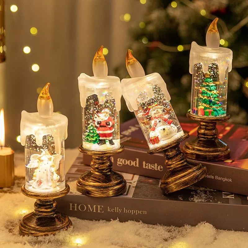 Christmas Glitter Snow Globe LED Flameless Candle Lamp Battery Powered Tabletop Xmas Decor Night Light Gift