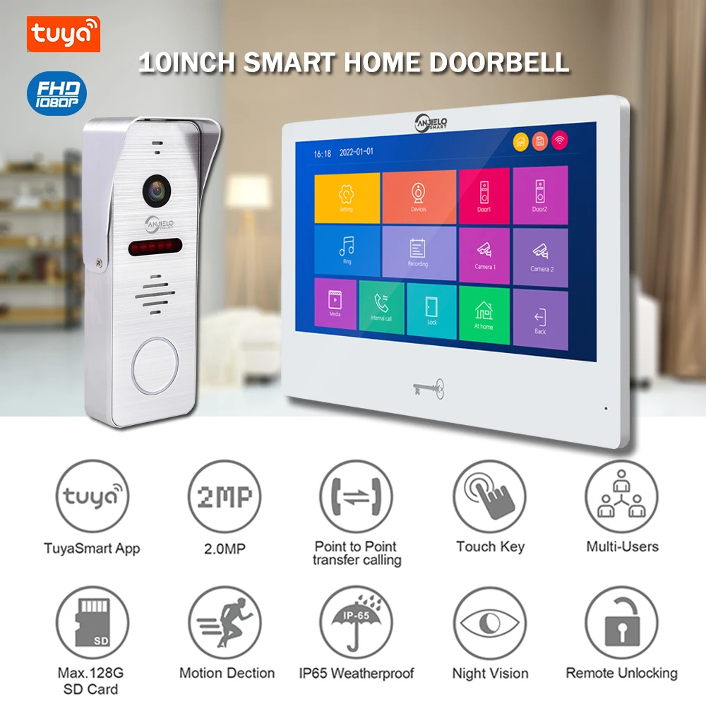 Anjielosmart Tuya 10 Inch Touch Monitor Smart Home Video Intercom System 1080P 160° Video Doorbell Camera Full Touch Monitor