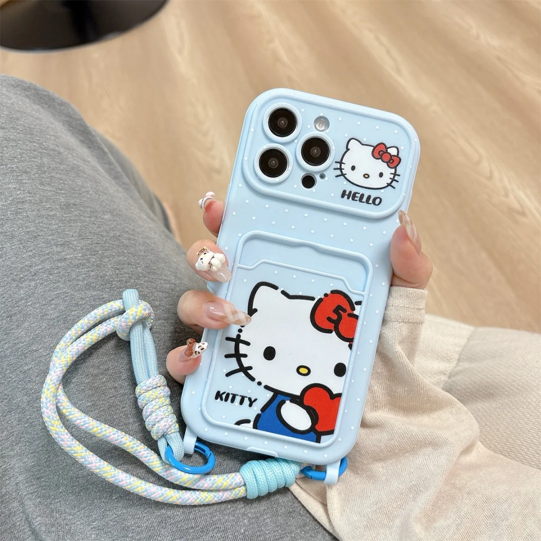 

Hello Kitty Cute White Wave point Wallet Card Holder Phone Case For iPhone 14 15 16 Pro Max Lovely Soft Covers With Lanyard﻿﻿﻿﻿