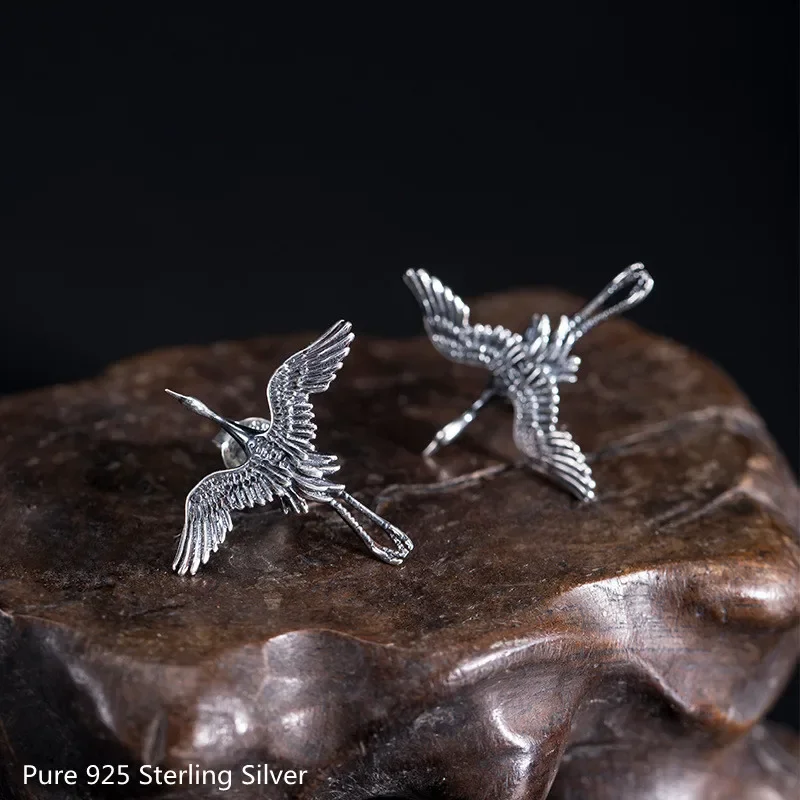 Buyee Silver Big Stud Earring Elegant Crane Animal Earring for Women Men Fashion Punk Fine Jewelry Earring Gift