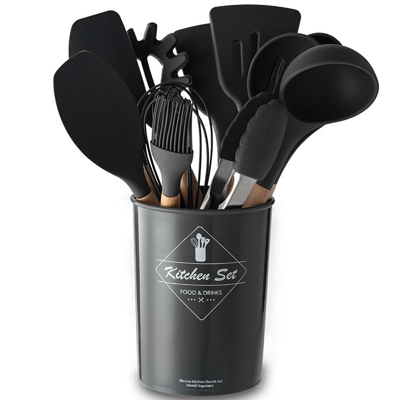 

AJOYOUS Black 12Pcs Non-stick Cookware Silicone Cookware Set Soup Wooden Handle Shovel Artificial Chaff Colander Kitchenware