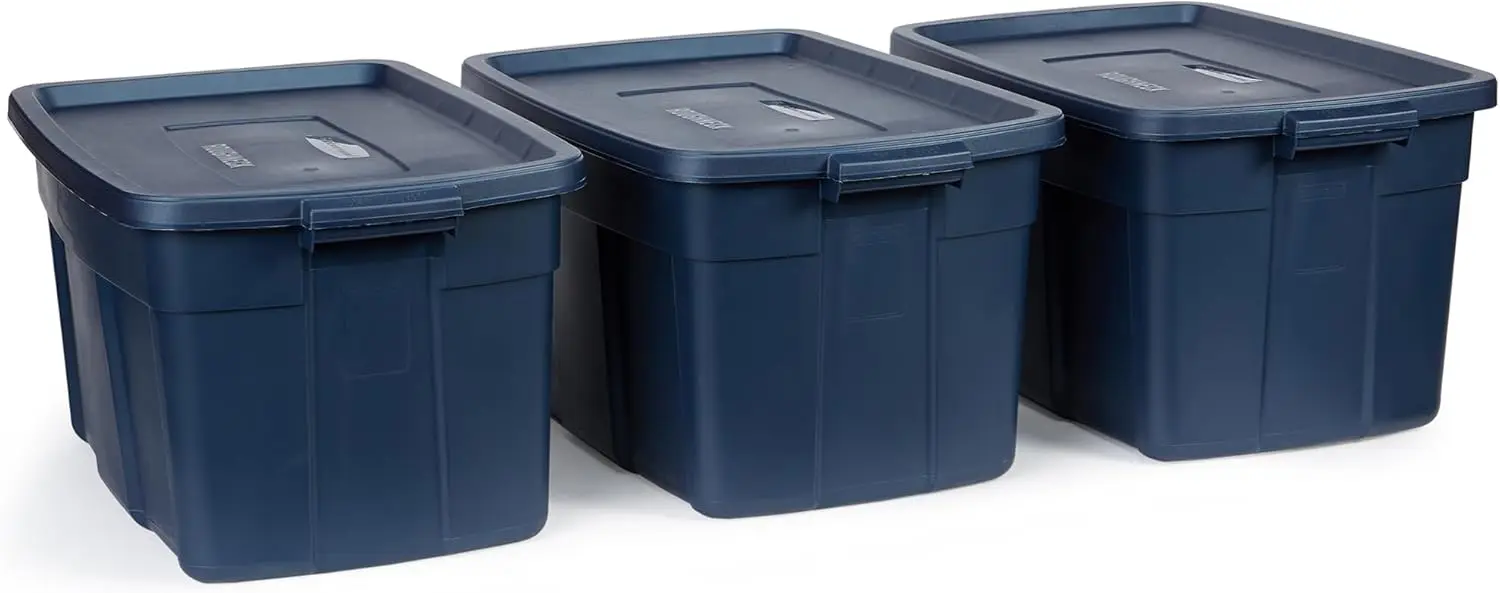 Rubbermaid Roughneck Tote 31 Gal, 3 Pack, Made in USA, Dark Indigo Metallic, Rugged Plastic Stackable Storage Bins with Lids and