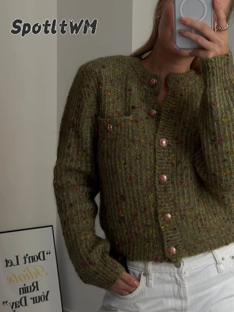 Women Speckled Cardigan Casual Round Neck Long Sleeve Patch Pocket Cropped Loose Fuzzy Knitwear Daily Autumn Winter Sweater Coat