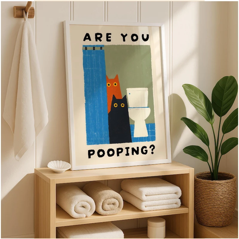 Are You Pooping Cat Wall Art Print Funny Bathroom Humorous Cat Poster for Bathroom Decor, Cute Cat Print, Funny Toilet Art Gif