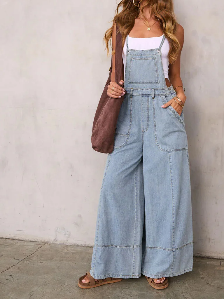

Street Sle Wideleg Strappy Denim Overalls High Waist Loose Fit Ladies Jeans Overalls Blue Color with kets Micro Stretch