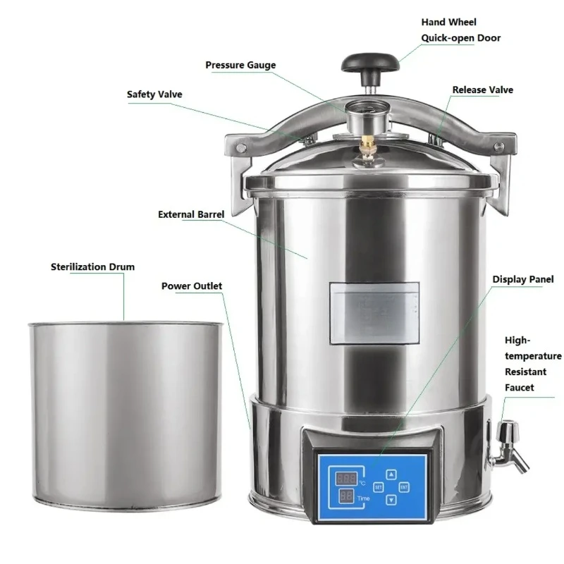 24L Portable Autoclave with Digital Display High Pressure Steam Sterilization Equipment  Laboratory Medical Veterinary