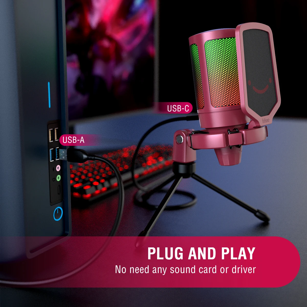 FIFINE USB Gaming พร้อมไมโครโฟนสำหรับ PC สำหรับ Streaming Podcasts,ampliGame RGB คอมพิวเตอร์คอนเดนเซอร์เดสก์ท็อปไมโครโฟนสำหรับสตูดิโอ/วิดีโอ-สีชมพู