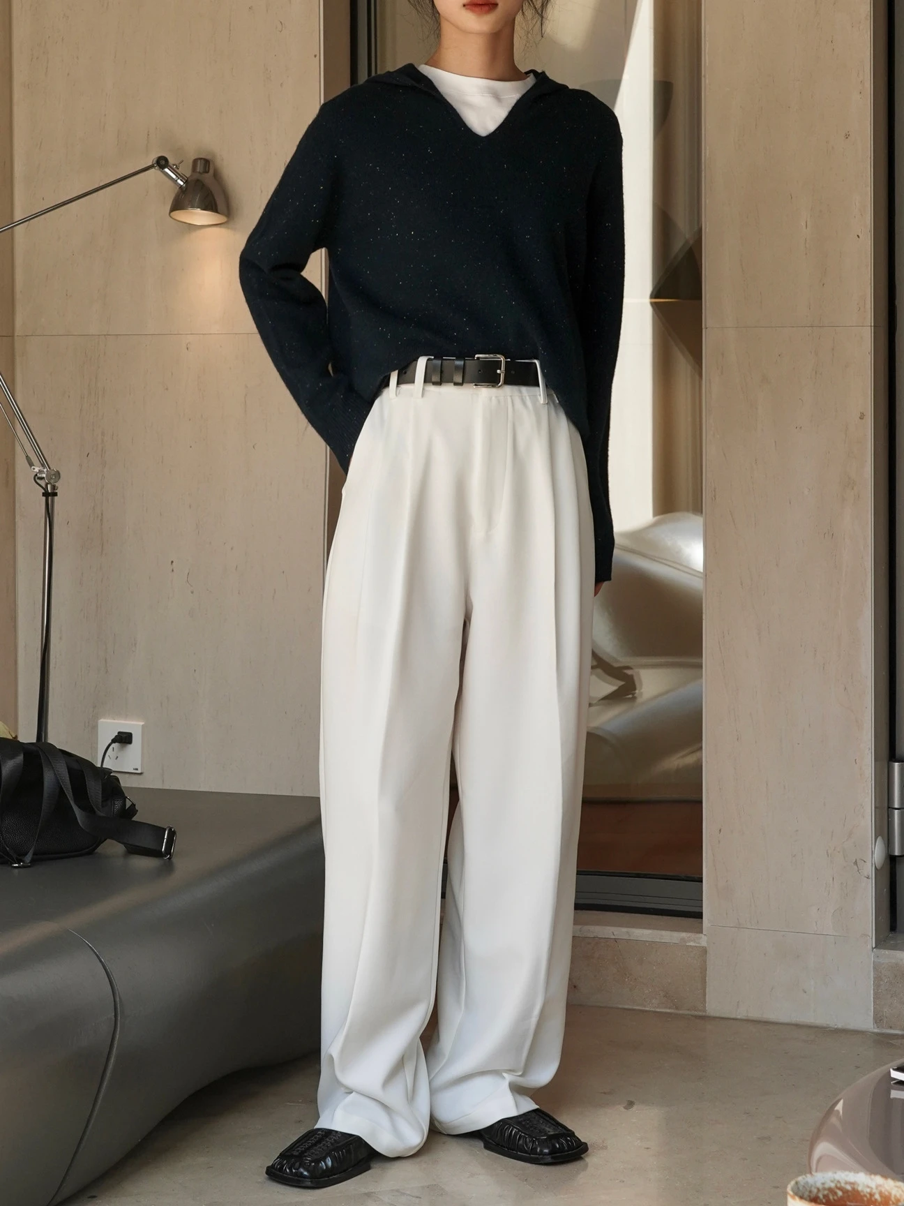 

Fall Winter High Waist Wide Leg Pants Black White Casual Women's Trousers Commute OL Style Polyester Long Pants