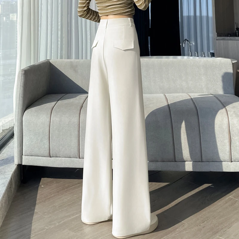 เอวสูงกางเกงสูทขากว้างผู้หญิงฤดูใบไม้ร่วงฤดูหนาวสไตล์ใหม่หลวมสบายๆกางเกงตรงสง่างามเสื้อผ้าหญิง