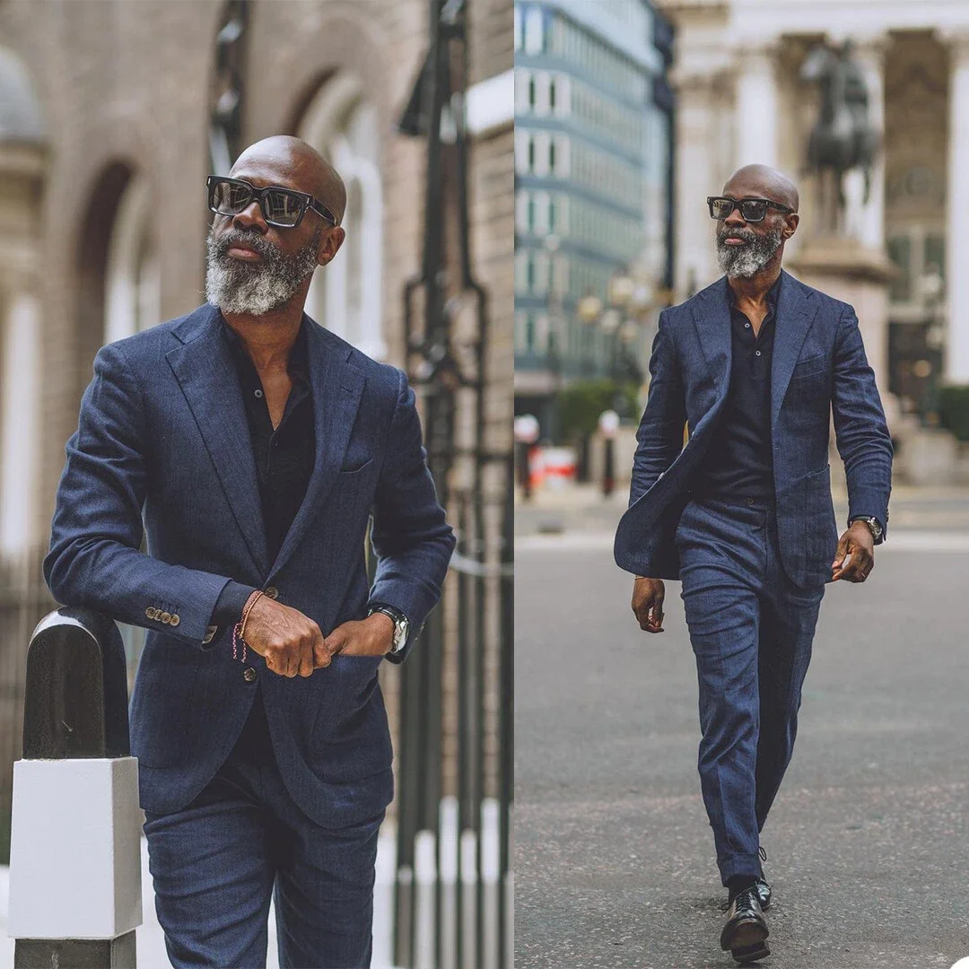 Classic Navy Blue Textured Men's 2 Piece Suit with Single Breasted Blazer and Trousers Casual Business Suit Custom Made M264697