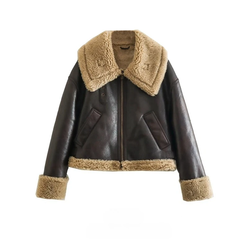 

Повседневная роскошная коричневая короткая куртка из искусственного меха на молнии с лацканами Меховая куртка Пушистая теплая толстая кожа и меховая плюшевая куртка Теплый искусственный ягненок