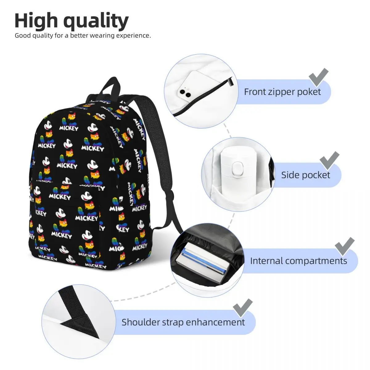 Classic Mickey Rainbow Stripes Backpack for Men Women Casual Student Work Daypack Laptop Computer Canvas Bags Gift