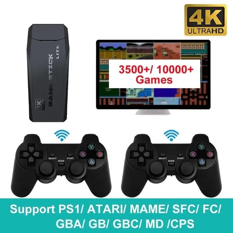 레트로 무선 더블 컨트롤러, 4K HD 비디오 게임 콘솔, PS1, FC, GBA 10000 게임용 미니 스틱, 2.4G, 64GB 