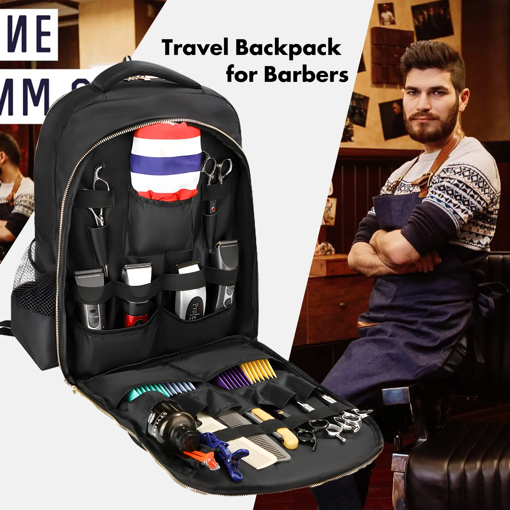 Professional Barber Backpack Waterproof 20L Multi-Pocket Stylist Organizer , Durable Salon Travel Haircut Bag for Men Women