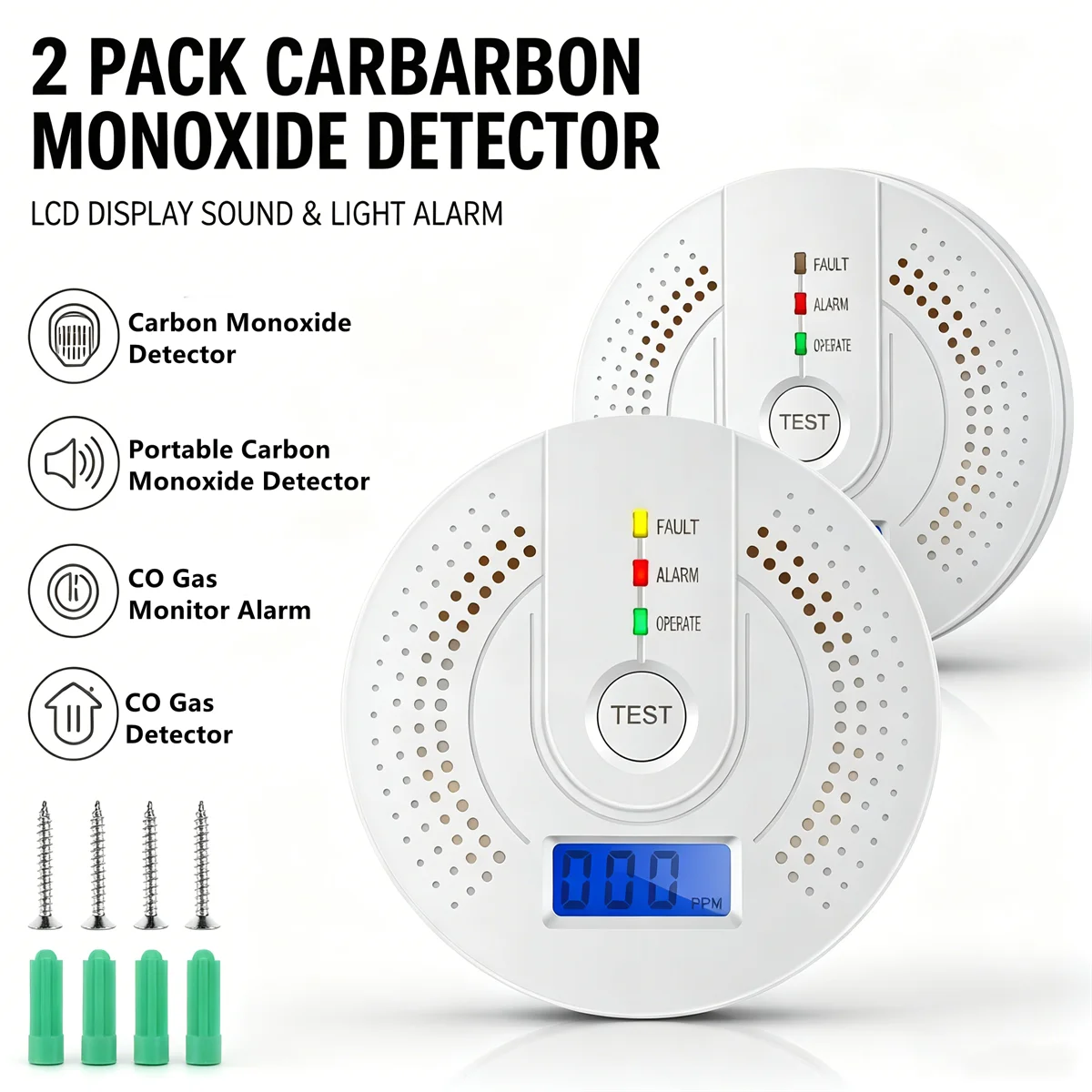 1/2PCS Digital Carbon Monoxide Detector Sound & Light Warning Sensor Battery Powered CO Gas Monitor Meter with LED Indicator