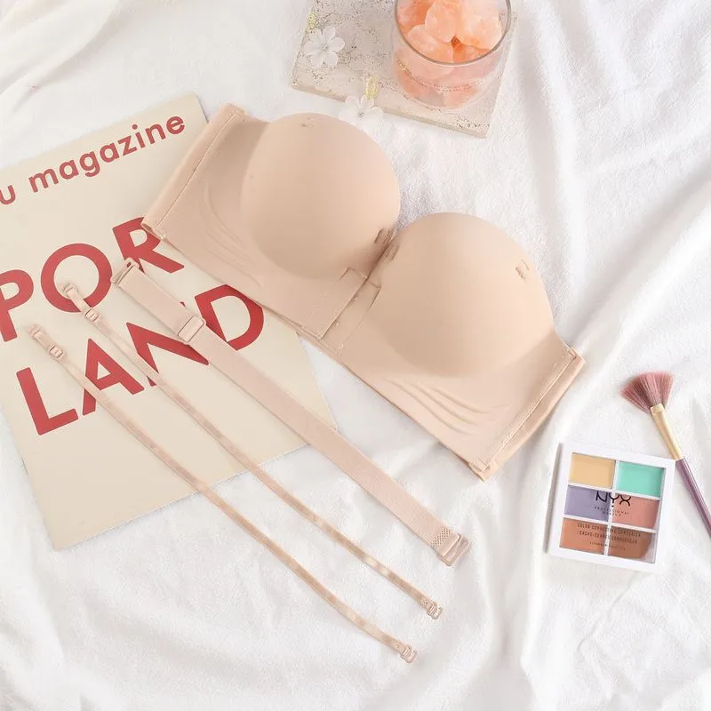 Lingerie à boutons sur le devant pour femme, sans bretelles, antidérapante, sans bretelles, froncée, sans trace et antireflet