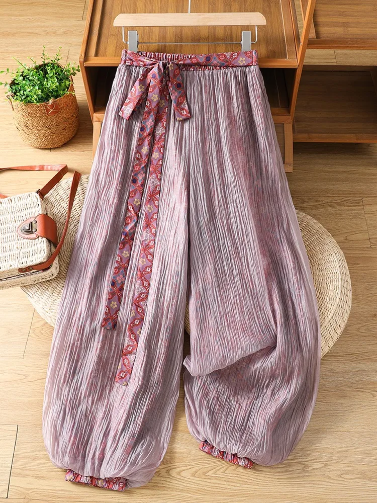 Women's Summer Casual Double Layer Printed Trousers Elastic Waist Drawstring Harlan Pants Large Size Casual Flower Bud Pants