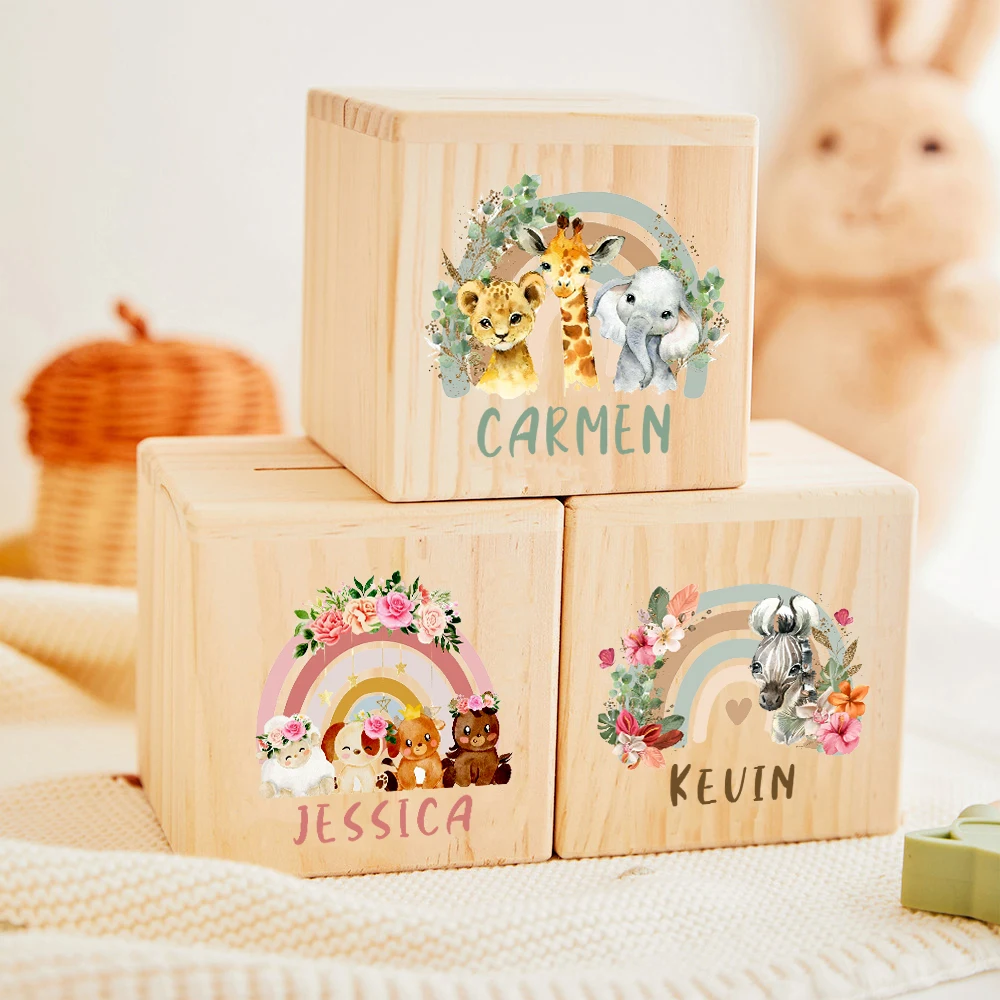 Personalized Money Box Rainbow Safari Animals with Name Wooden Money Boxes Child Coin Bank Coin Collection Case Gift for Kids