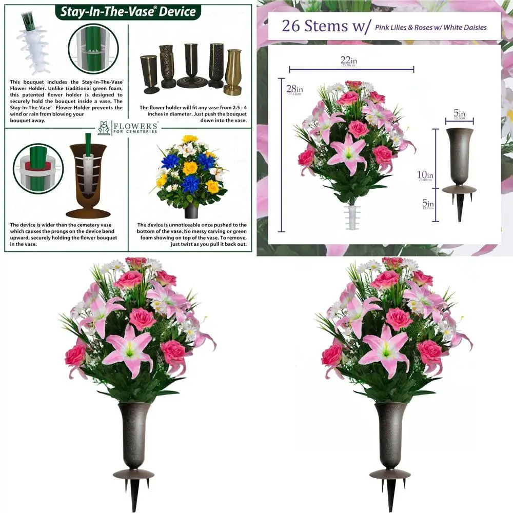 

Ваза для кладбища с композицией из розовых лилий, роз и белых маргариток