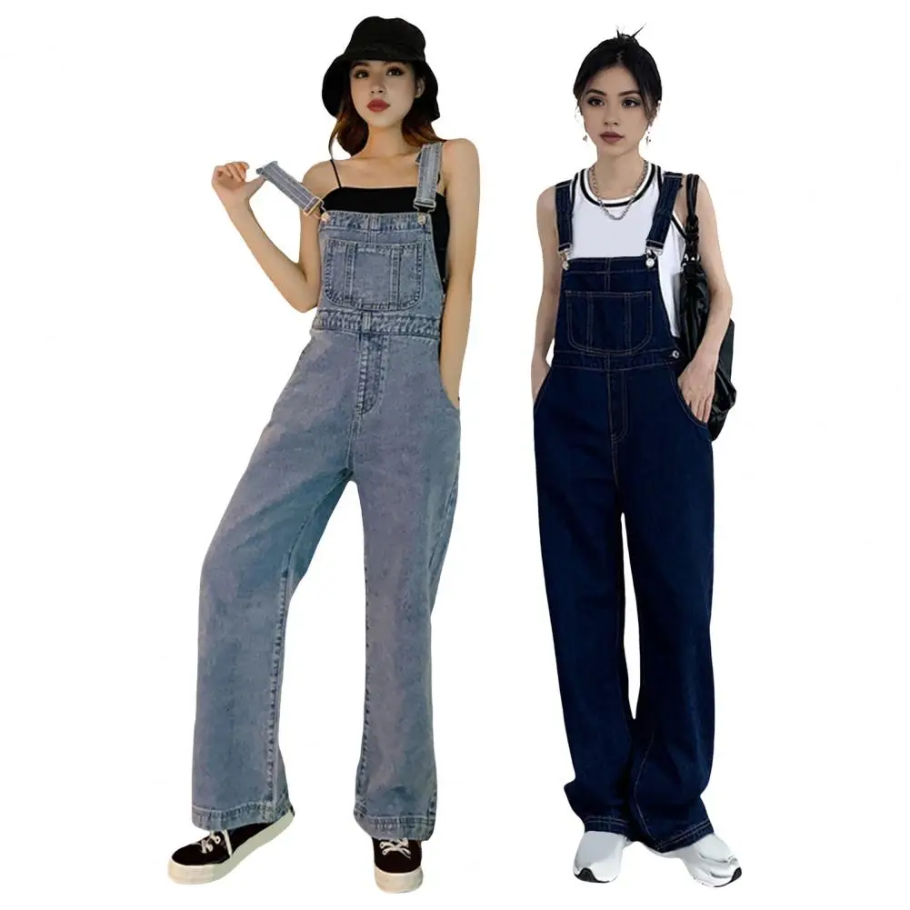 Loose Women Suspender Jumpsuit Adjsutable Strap High Waist Overalls Big Pocket Wide Leg Denim Collarless Young Style Overalls