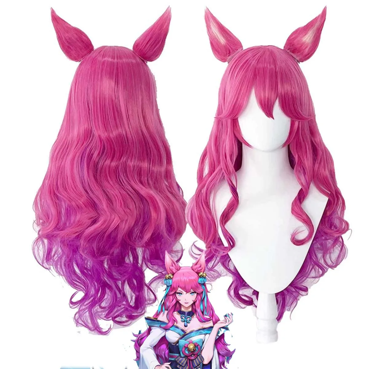 

Women Game LOL Spirit Blossom Ahri Cosplay Long Hot Pink Curly Wavy Heat Resistant Hair Wig