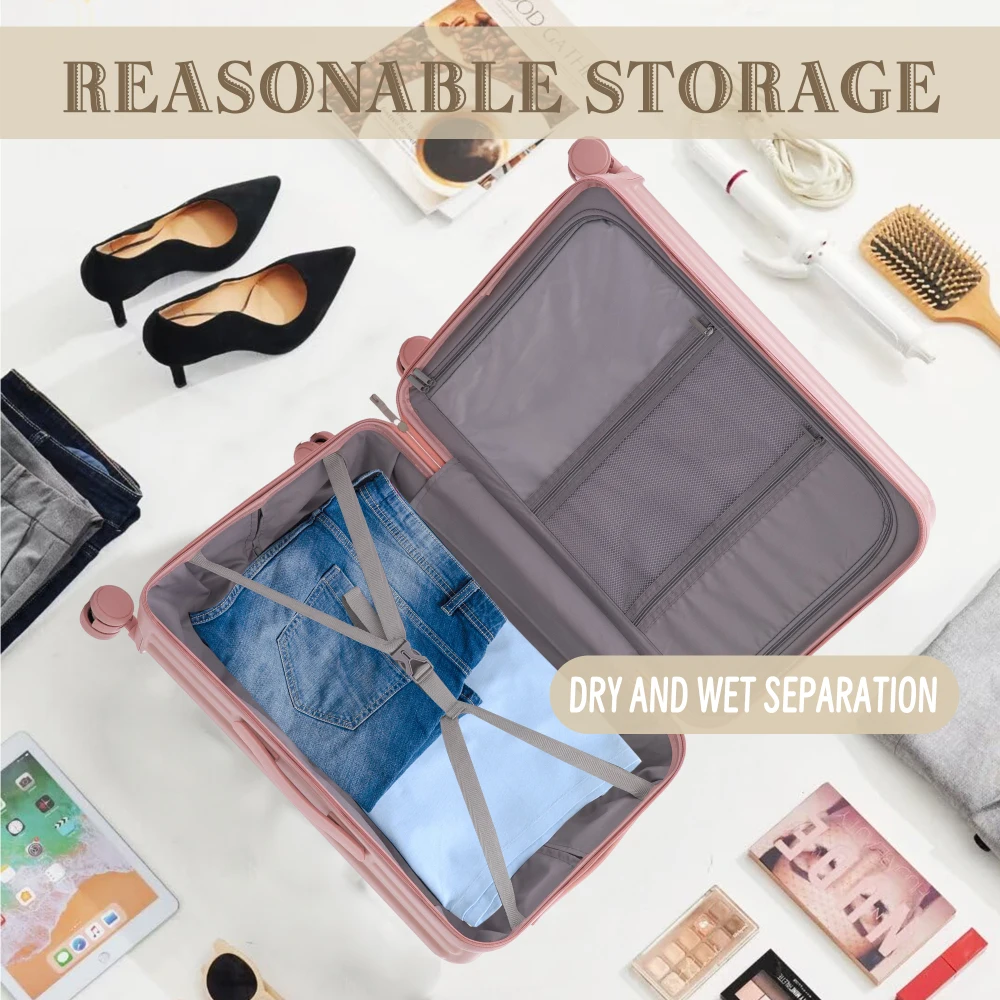 20"/24"/28" 3 Teile/satz in ABS Spinnerrad Gepäck Handgepäck Koffer mit Getränkehalter & USB-Anschluss & Telefonhalter (Rosa)