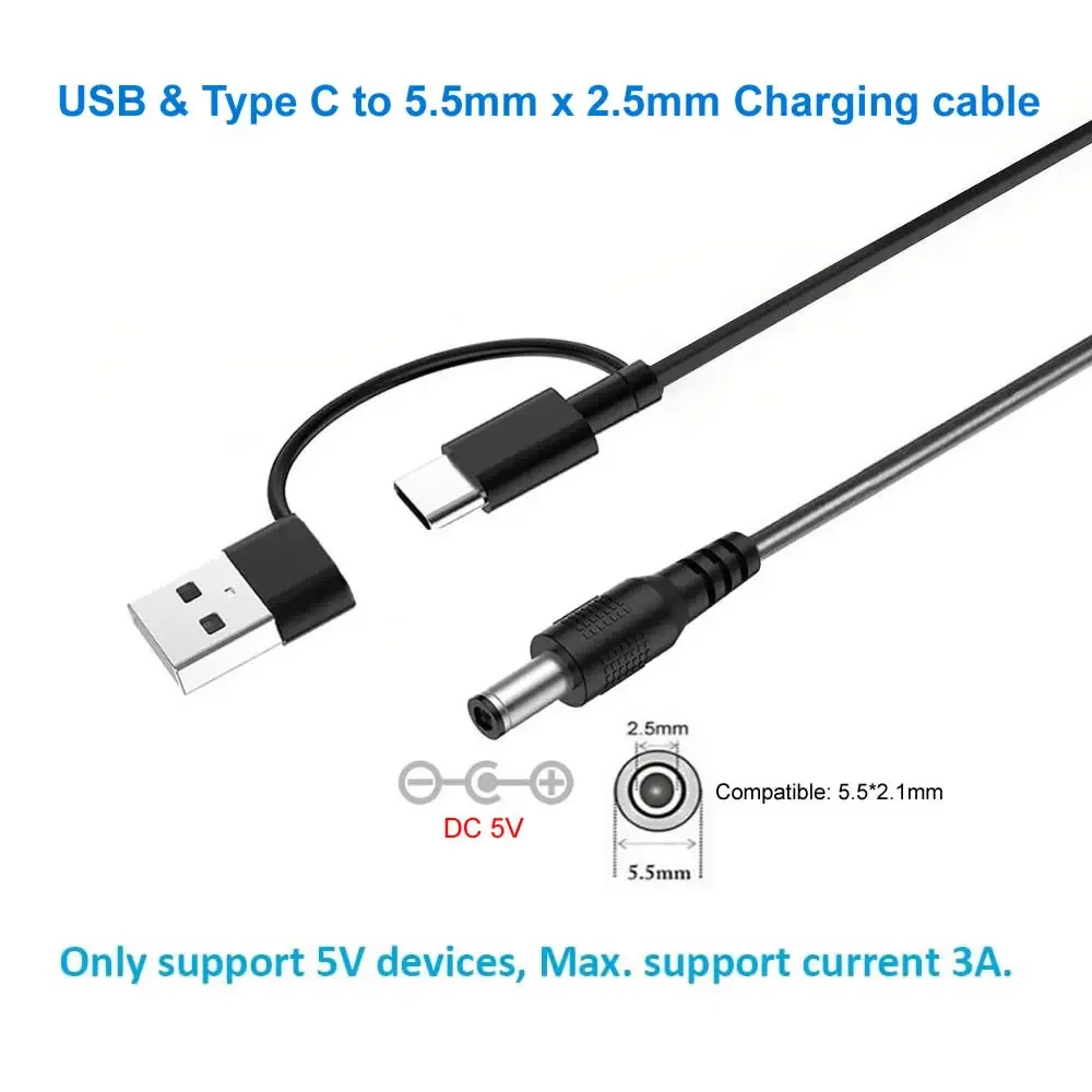USB / Type C to DC Power Cable 10 DC Plug Adapter Power Charge Cord for Bluetooth Speaker Phones LED Strip Mini Fan and More 5V