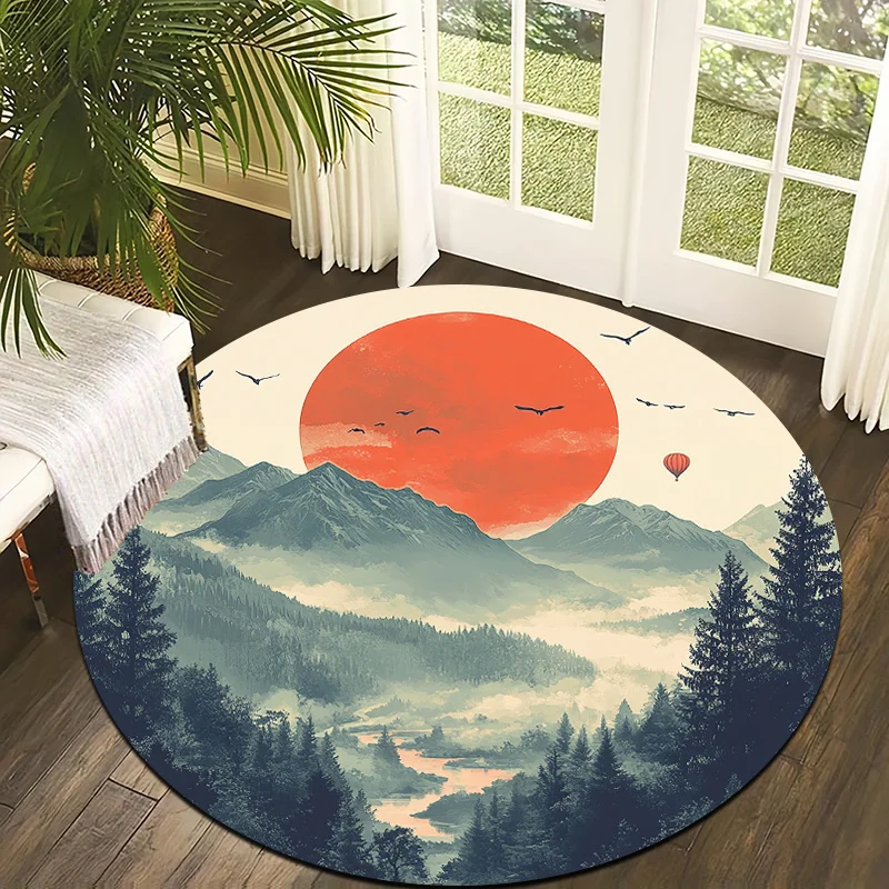 

Red Sun Mountain Scenery Theme Flannel-printed round floor mats are slip-resistant Suitable living room terrace garden carpets
