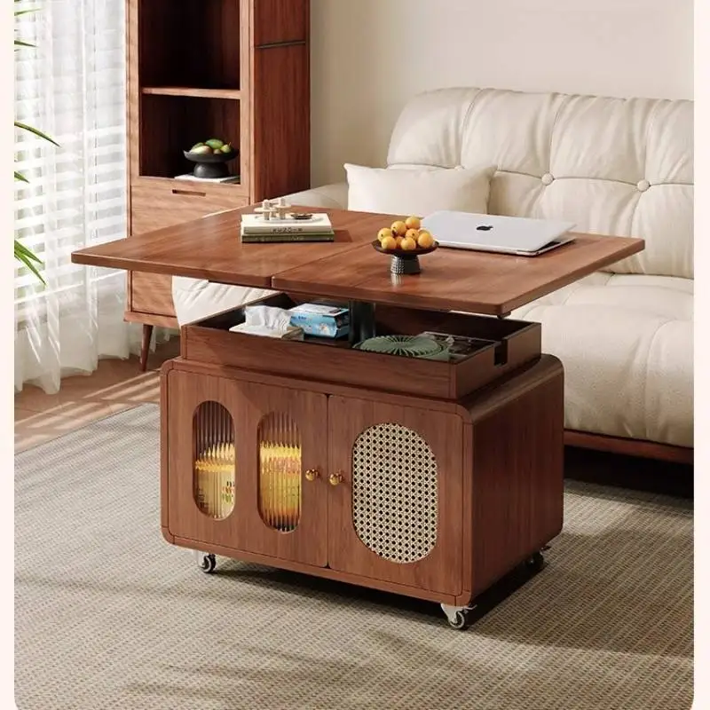 โต๊ะกาแฟไม้วอลนัทสุดหรู ตกแต่งอย่างมีระดับ พร้อมที่เก็บของเคลื่อนที่ โต๊ะกาแฟวินเทจสำหรับห้องนั่งเล่น โต๊ะหวาย Mesa De Centro Sala