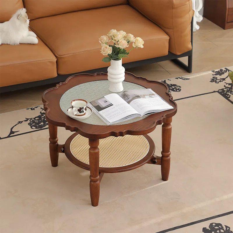 

Coffee table combination solid wood double-layer round rattan tea table begonia flower glass edge table living room small apartm