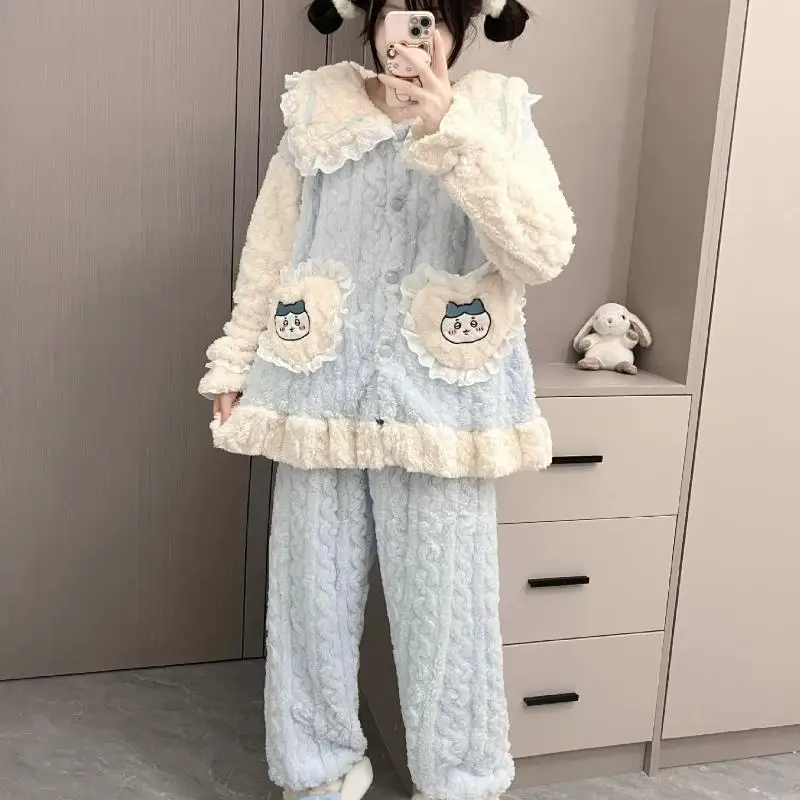 Miniso Girl Coral Fleece Winter Square Collar Thickening Pajama Set Kawaii Chiikawa Comic Student Fashion Keep Warm Leisure Wear