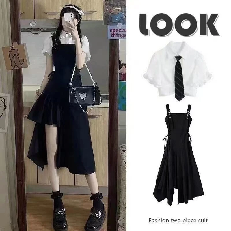 

Summer Gentle Style Women's Fashion Shirt Hem Trimmed Uneven Strap Dress Two-Piece Set Korean Version Slimming Effect