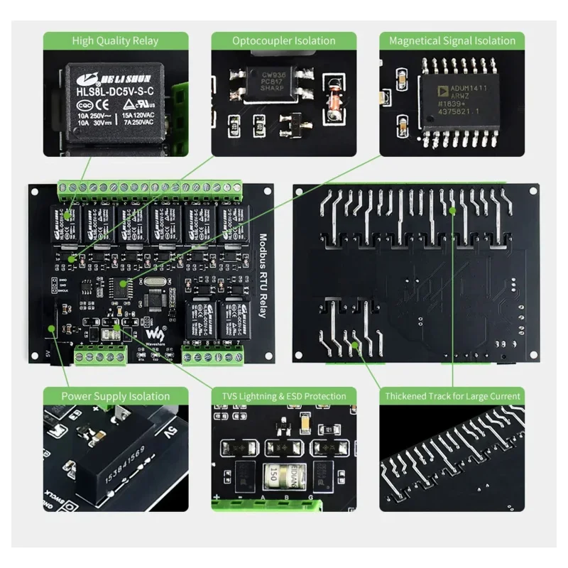 Interfaz RS485 de grado Industrial, placa de módulo de relé de 5v y 8 canales Modbus RTU, circuito de aislamiento, optoacoplador TVs Adi