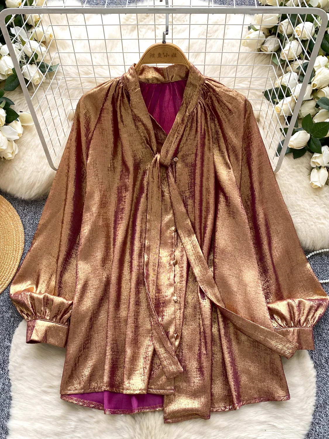 

Women Autumn Shirt New Commuting Top Loose and Fashionable V-neck Lace Up Lantern Sleeve Shirt Blouse Female Top BL275