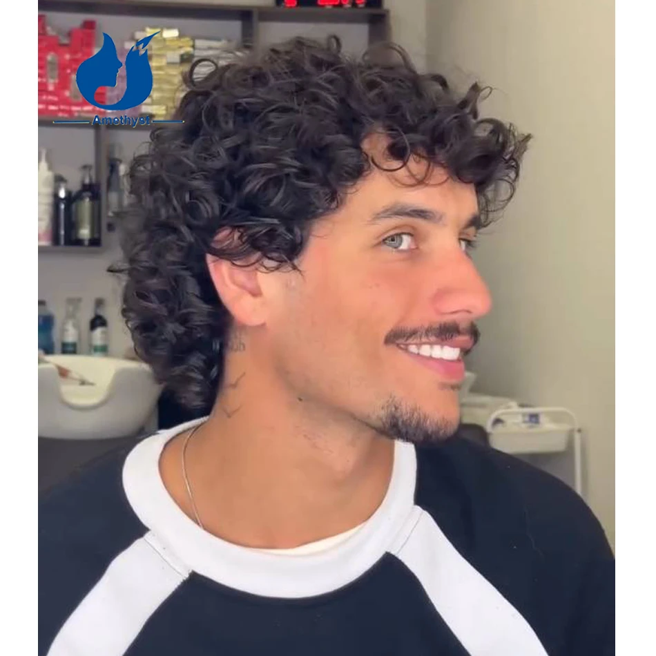 Amethyst Brazilian Remy Human Hair Wig for Men Pre Styled Curly Short Cut 13x6 Lace Frontal Wig with Bangs Pre Plucked Black