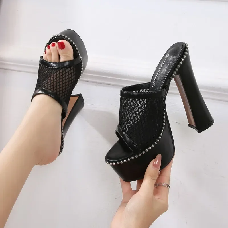 

14cm High Heels,Large Size 35-46 Mesh Lace Sexy Sandals for Women Summer Platform Sandal Fashion Bright Leather Comfort Slippers