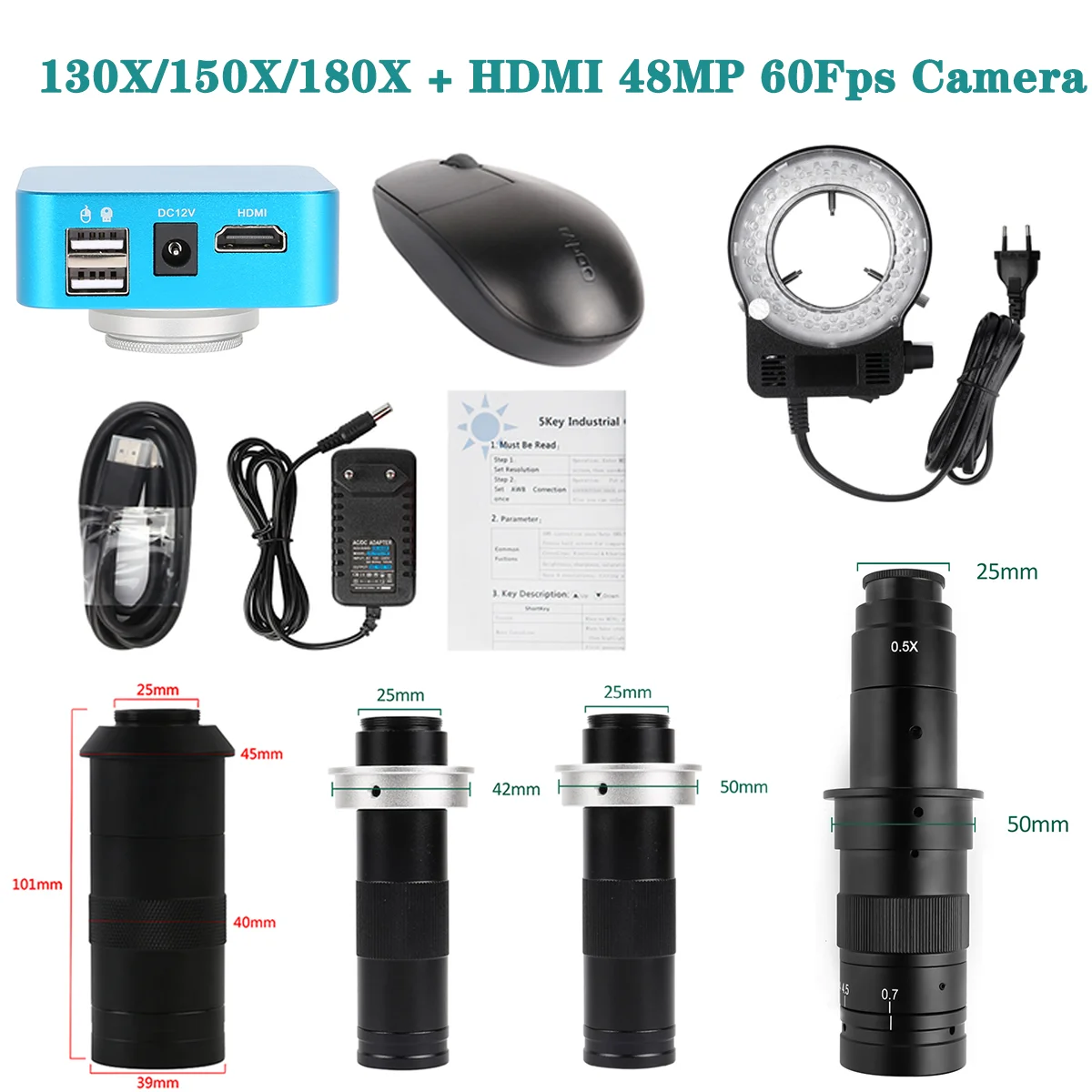 HDMI 48MP 60Fps CCD Digital Camera 130X/150X/180X Optically Native Software Mouse Control Adjustable Lens of Microscope LED Lamp