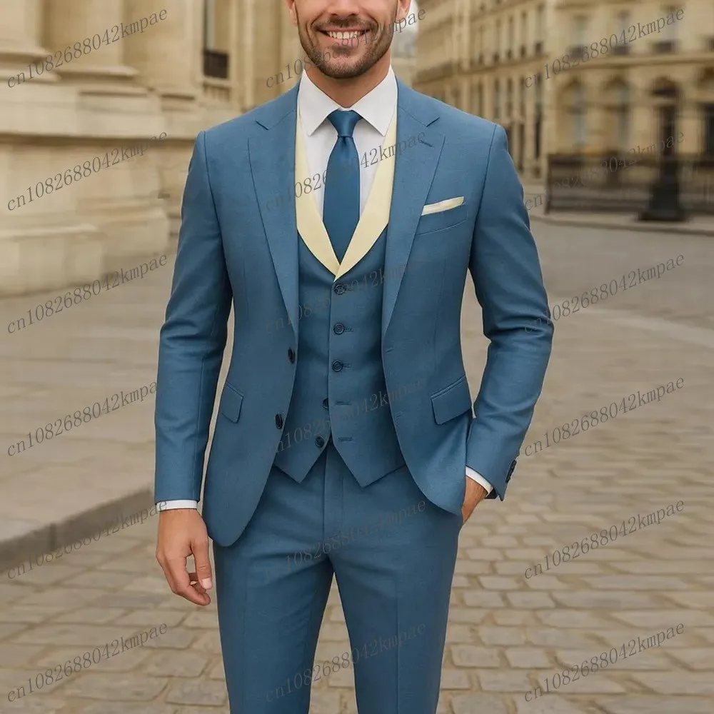 

Новый синий и бежевый деловой мужской костюм для жениха, жениха, свадебной вечеринки, выпускного вечера, деловые мужские смокинги, комплект из 3 предметов, пиджак, жилет, брюки
