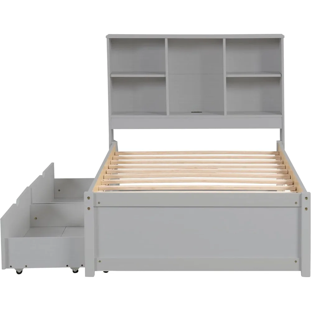 Cama de plataforma de tamanho duplo com porta USB e 2 gavetas, cama de plataforma com cabeceira de estante de armazenamento, estrutura de cama de madeira