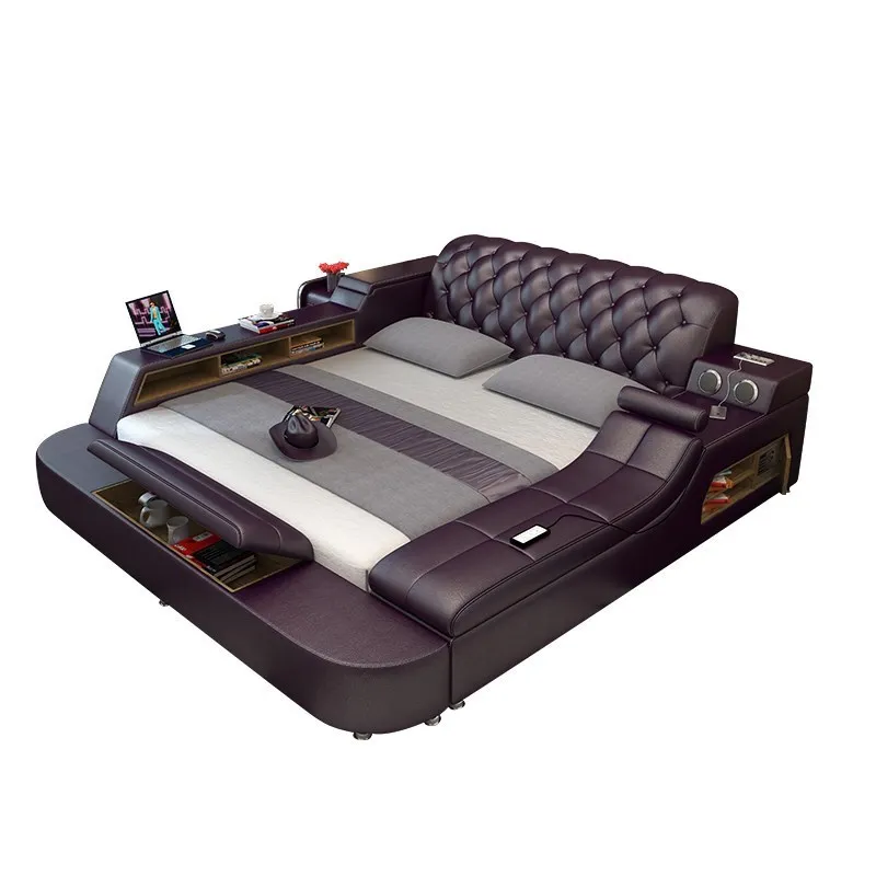 &Factory Wholesale Modern Brown Bedroom Furniture Leather Bed with Speaker USB Charger Massage Sofa Bed Sets
