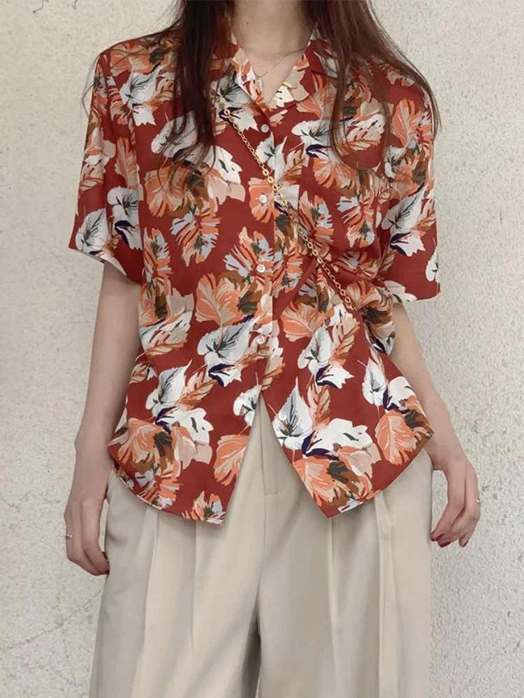 

Рубашки женские, свободные, в пляжном стиле, с короткими рукавами, для отдыха, унисекс, для отдыха, в стиле Харадзюку, с принтом, винтажные, с надрезами, модные, эстетические