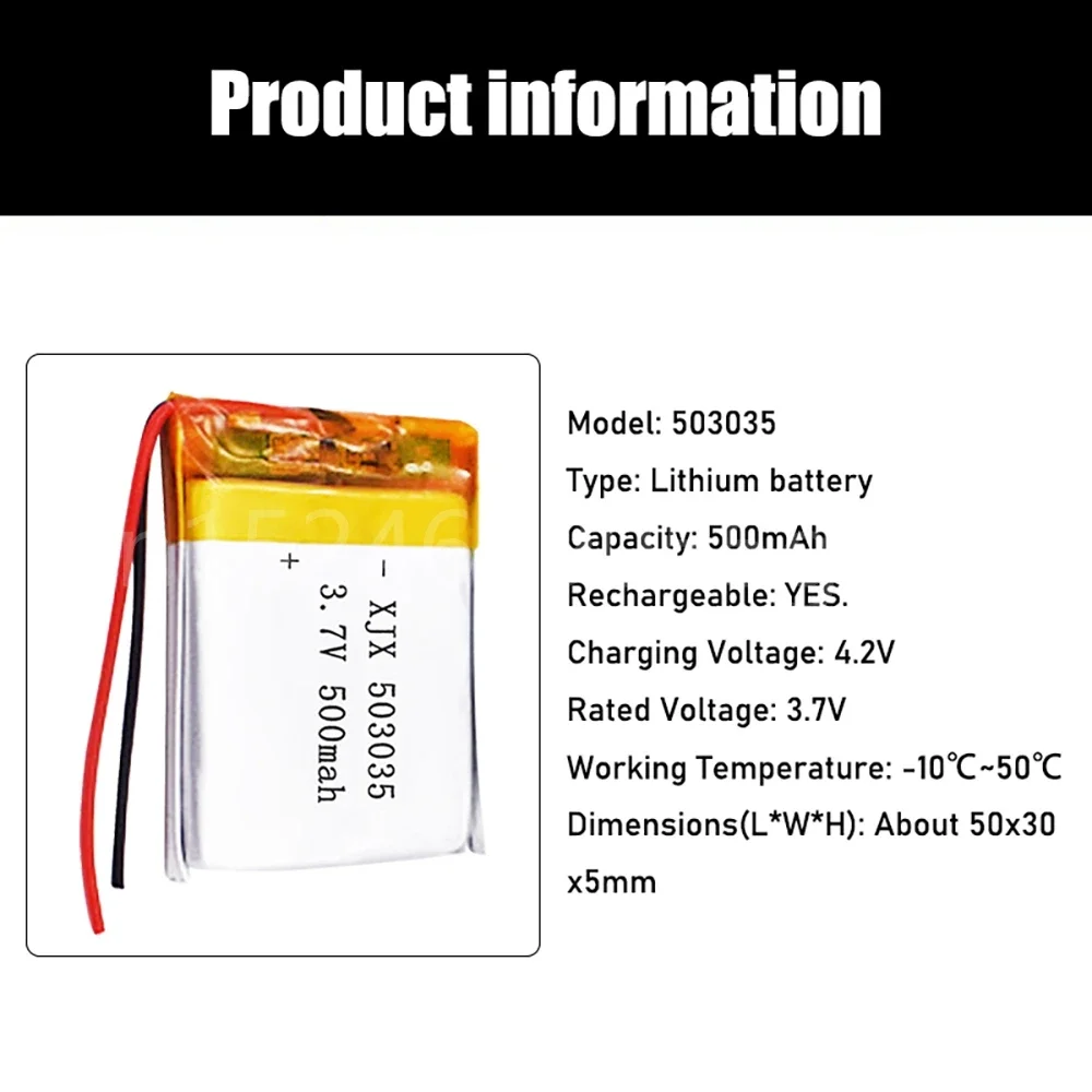 Batteria ai polimeri 500 mah 3,7 V 503035   altoparlanti domestici intelligenti Batteria agli ioni di litio per dvd, GPS, mp3, mp4, E-book, cuffie, altoparlante Bluetooth