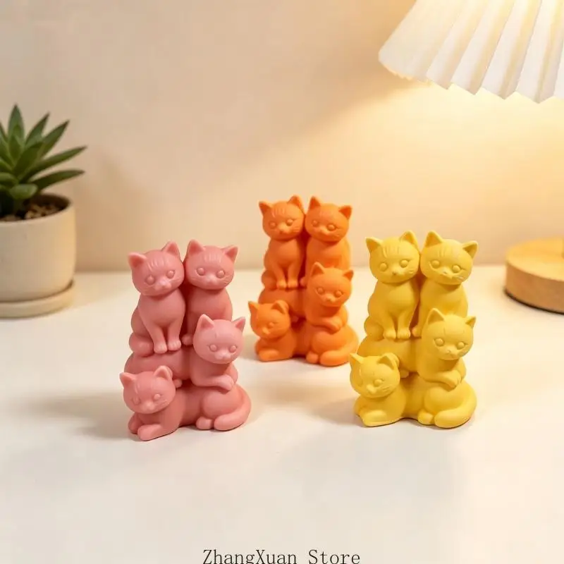 3D-Kerzenform aus Silikon mit vier geformten Katzen, Schichtdetail, flexibel, leicht zu lösen für duftendes Bastelprojekt 3XUF – Detail 10