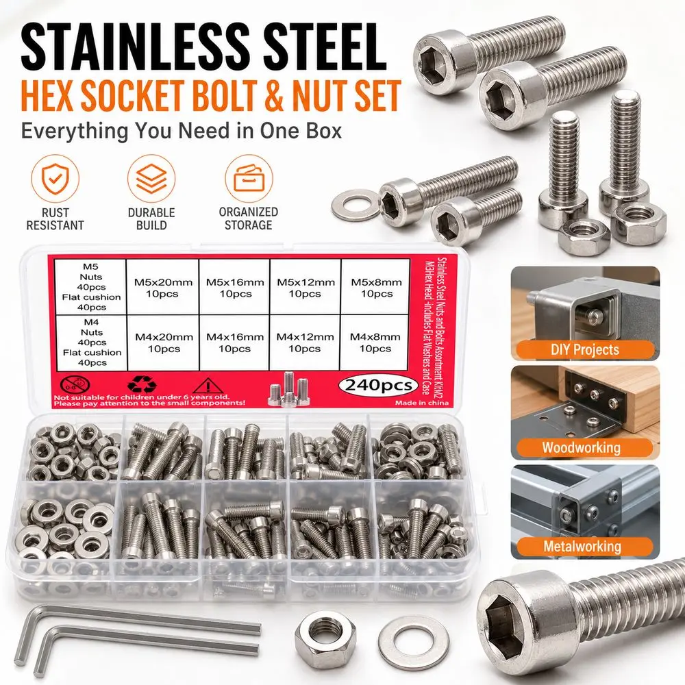 240pcs Stainless Steel Stainless Steel Bolt Set Socket Head Flat Washers Nut And Bolt Set Hex Wrench Included DIY Projects