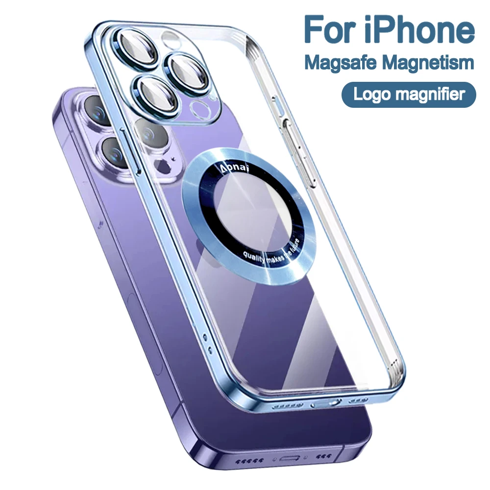 

For Apple Logo Amplify Cover Magsafe Case Iphone 16 15 14 Plus 11 12 13 Pro Max Plating Clear Silicone With Camera Protect Glass